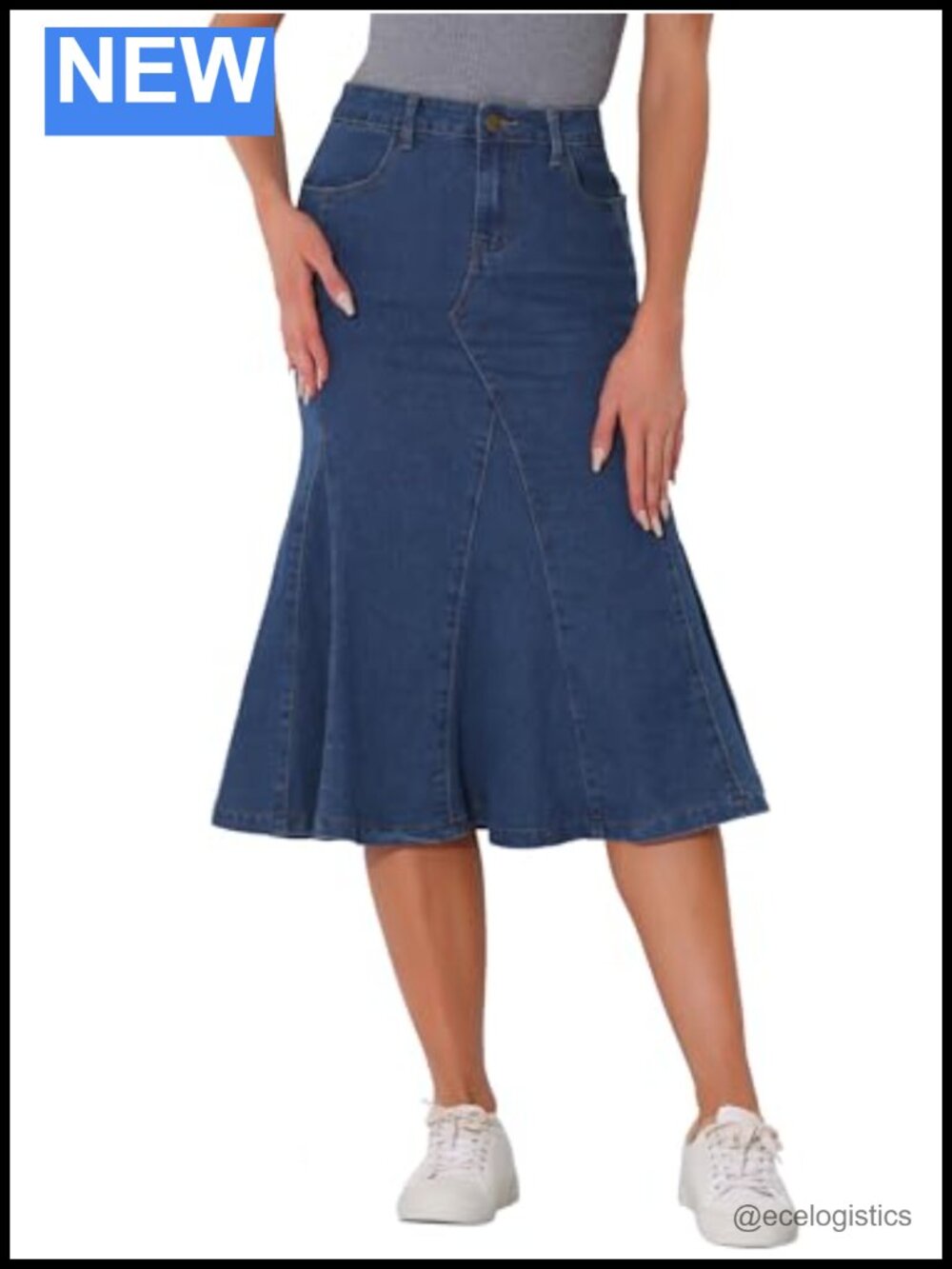 High Waist A-Line Flared Midi Denim Skirt Casual Cotton Blend